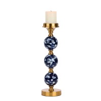 Porseleinen Kandelaar met 3 Bloemenbollen Blauw/Goud 49 cm 